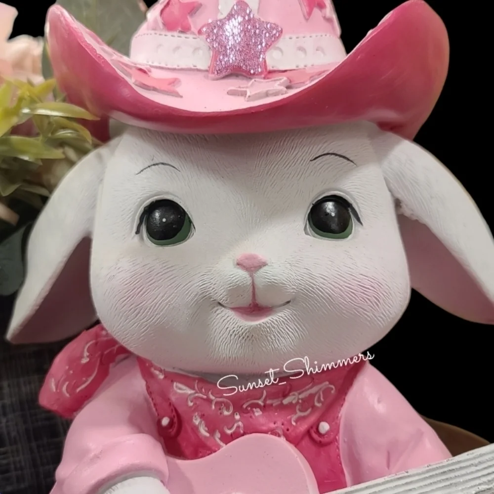 Bunny Girl Sparkly Pink Cowboy Hat Overalls Guitar Figure Decor